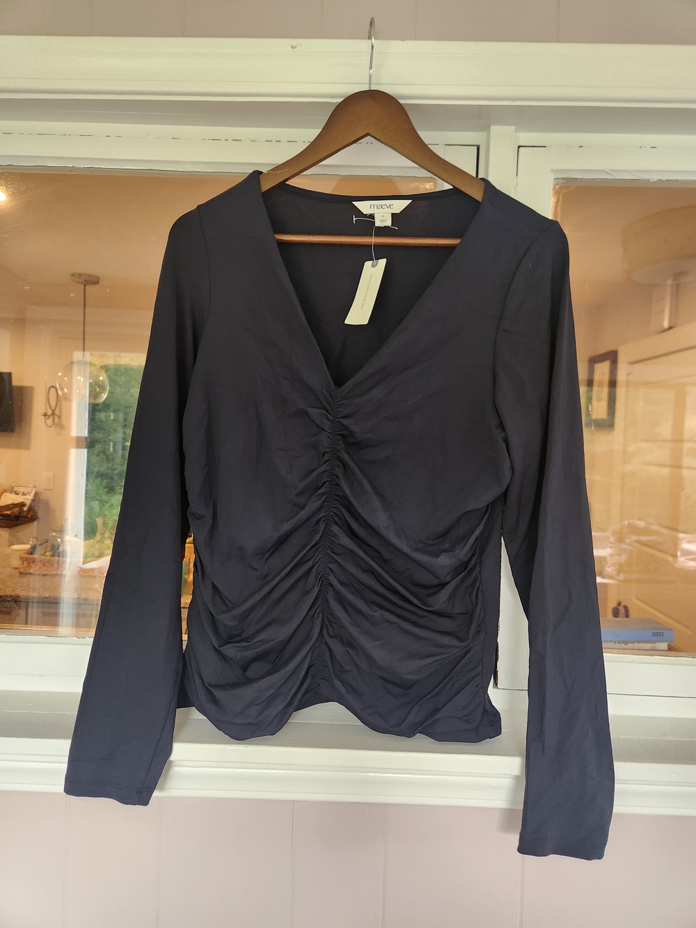 Maeve Black Ruched V-Neck Long-Sleeve Top